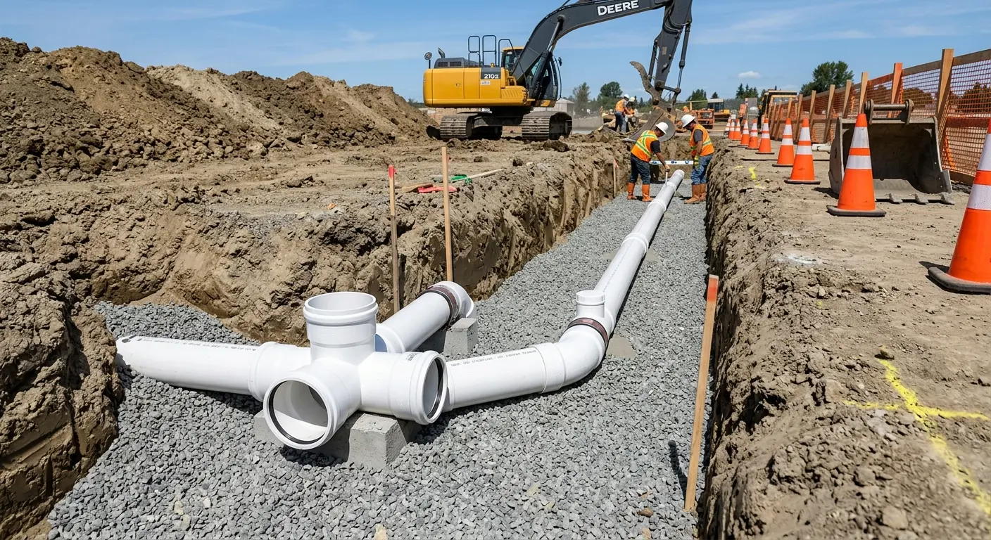 New PVC sewer pipe installation in open trench for Sewer Backup in Cottonwood
