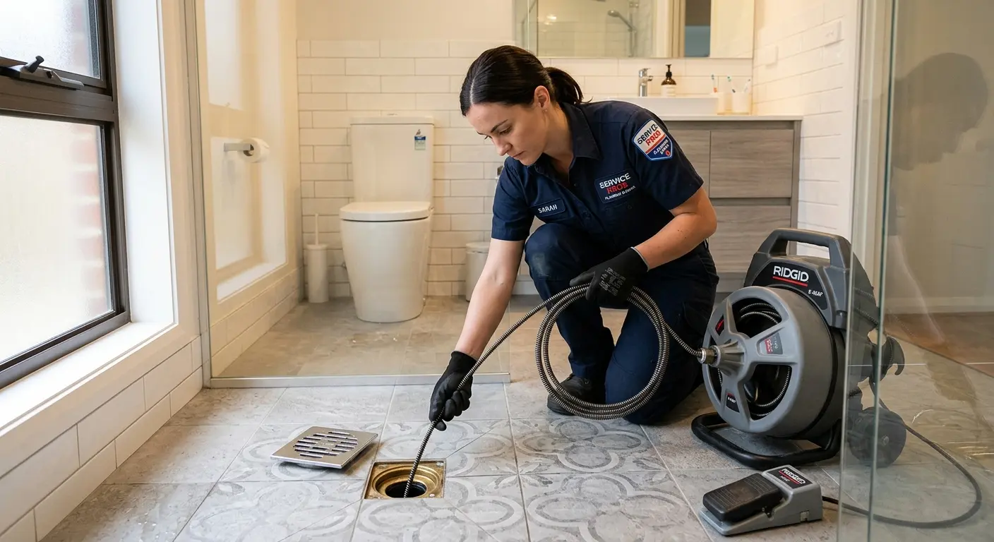 Technician clearing a bathroom floor drain for Sewer Line Replacement in Cottonwood